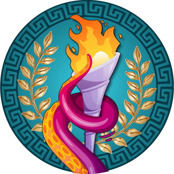 Monster Games Logo Logo for the Monster Games novella series. It depicts a tentacle holding an Olympic-style torch. Behind is a laurel wreathe on top of a Greek-style border.