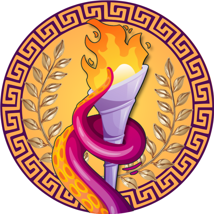 Monster Games Logo Logo for the Monster Games novella series. It depicts a tentacle holding an Olympic-style torch. Behind is a laurel wreathe on top of a Greek-style border.