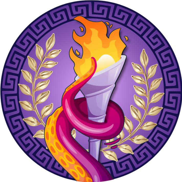 Monster Games Logo Logo for the Monster Games novella series. It depicts a tentacle holding an Olympic-style torch. Behind is a laurel wreathe on top of a Greek-style border.