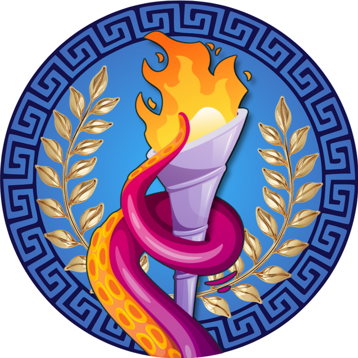 Monster Games Logo Logo for the Monster Games novella series. It depicts a tentacle holding an Olympic-style torch. Behind is a laurel wreathe on top of a Greek-style border.