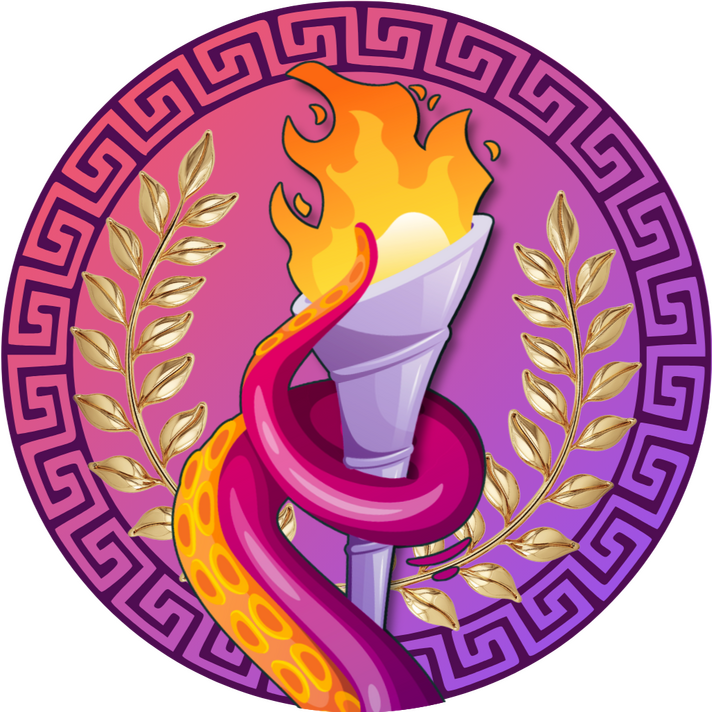 Monster Games Logo Logo for the Monster Games novella series. It depicts a tentacle holding an Olympic-style torch. Behind is a laurel wreathe on top of a Greek-style border.