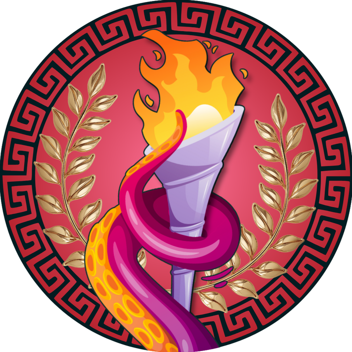 Monster Games Logo Logo for the Monster Games novella series. It depicts a tentacle holding an Olympic-style torch. Behind is a laurel wreathe on top of a Greek-style border.